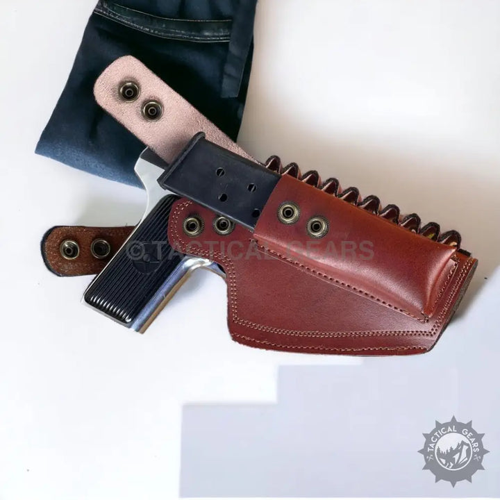 Dark red leather 9mm holster with magazine pouch for comfortable carrying