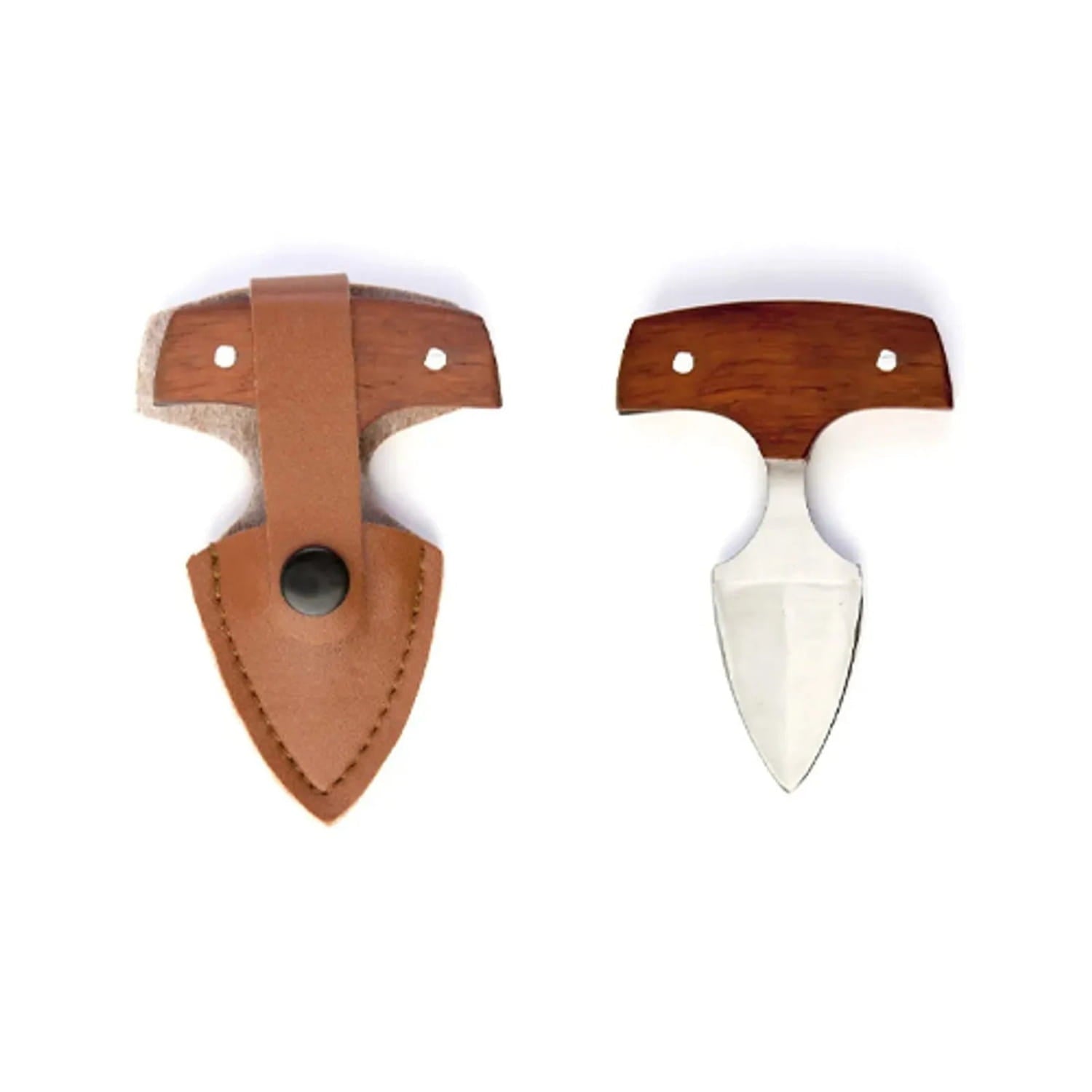 Wooden T-Handle Push Knife with Leather Sheath and mini push knife display