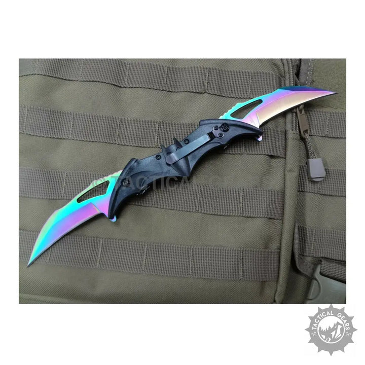 Rainbow-colored double-bladed folding pocket knife with bat-wing handle, Batman Tactical Stainless Steel Knife