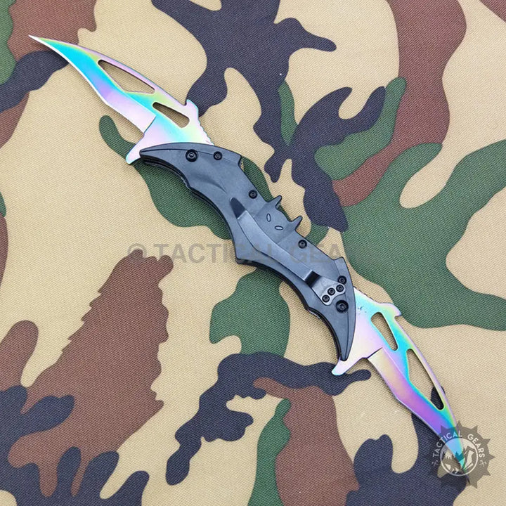 Rainbow-colored double-bladed folding pocket knife with black handle, Batman Tactical stainless steel knife