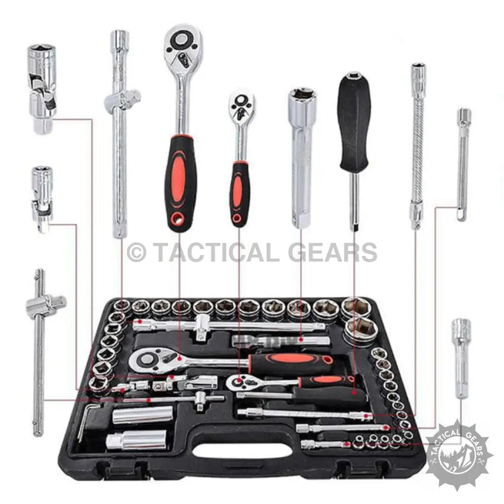 Professional Garage 61pcs Hardware Tools Kit with socket wrench, inch extension bar, and inch socket in durable case