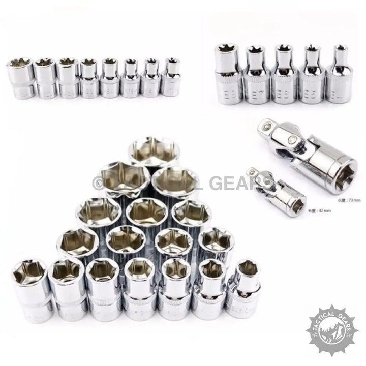 Chrome-plated socket wrenches and universal joint adapters in the Professional Garage 61pcs Hardware Tools Kit, includes inch extension bar and ratchet wrench
