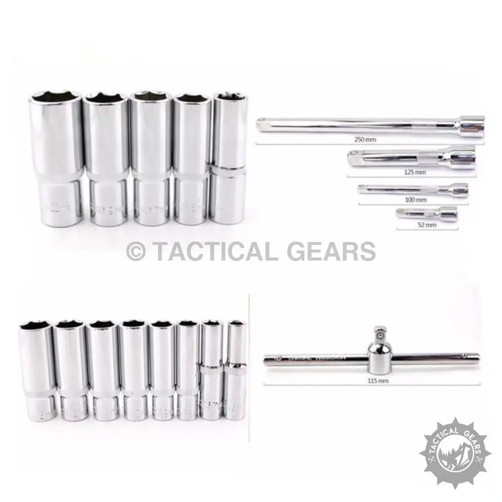 Chrome-plated deep socket wrenches with inch extension bar and ratchet wrench in Garage Tools Kit