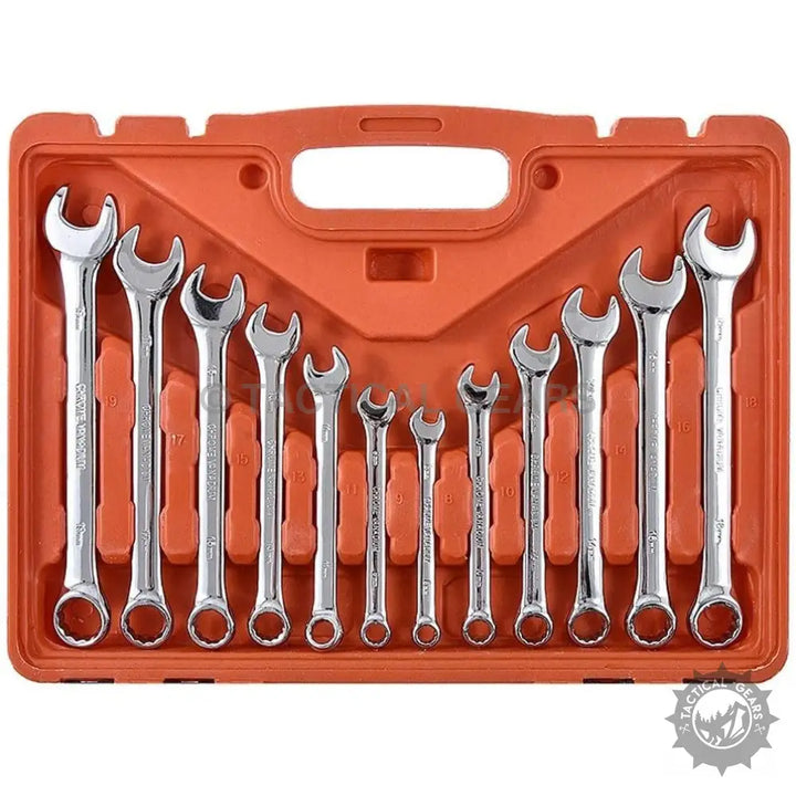 Chrome-plated combination wrenches with ratchet wrench and inch socket in orange case