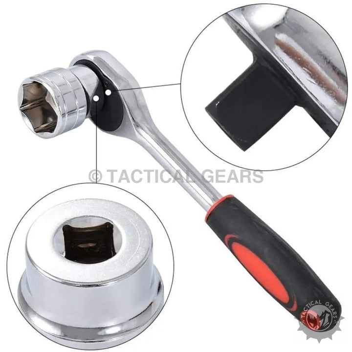 Chrome-plated ratchet wrench with ergonomic handle and removable inch socket for garage tools