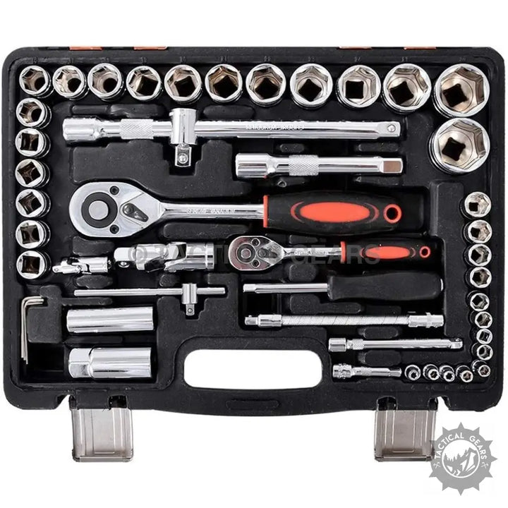 Black plastic case with chrome-plated ratchet wrench set including inch sockets and extension bar