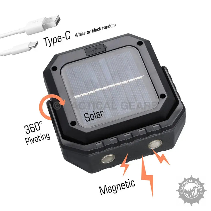 Black solar-powered COB LED light with 360-degree pivoting adjustment and Type-C port