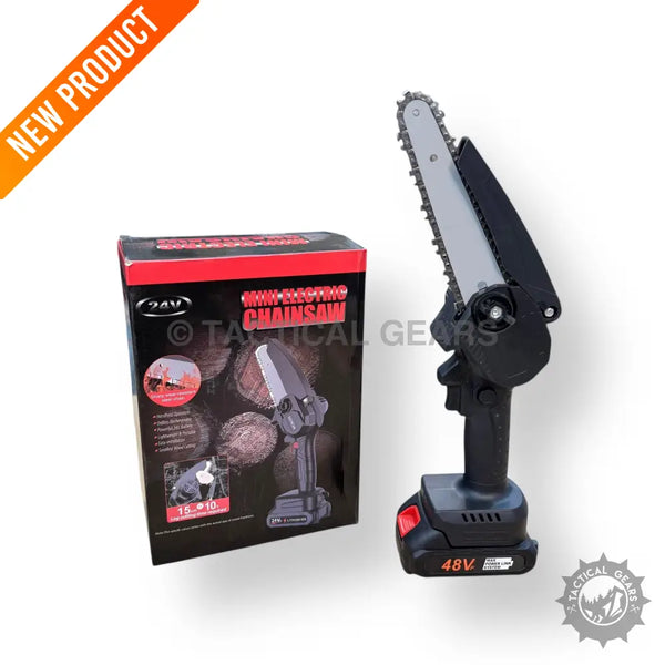 Black rechargeable 48V electric mini chainsaw with battery and box for easy cutting