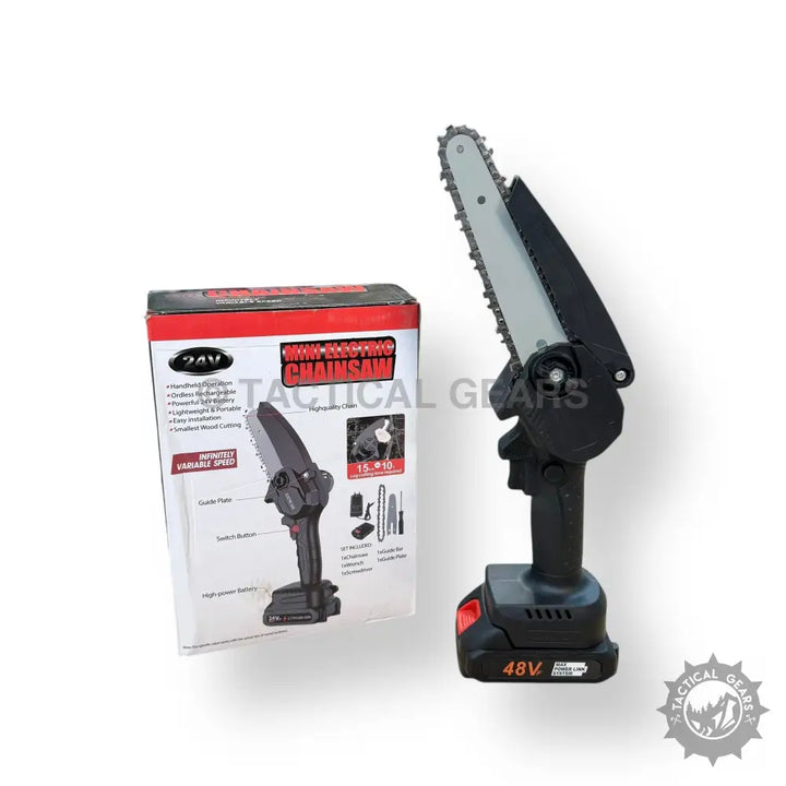Black rechargeable 48V electric mini chainsaw with battery for efficient cutting tasks