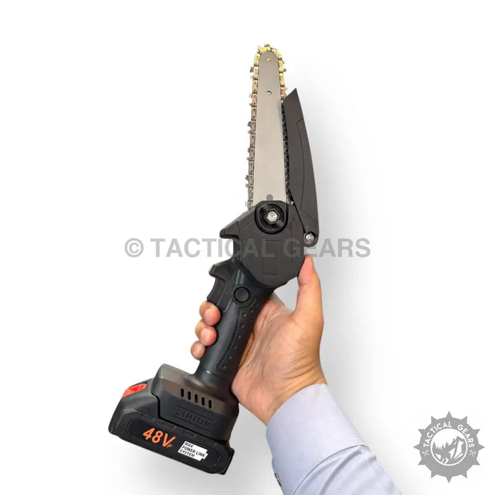 Rechargeable 48V Electric Mini Chainsaw with black handle and 48V battery for easy cutting