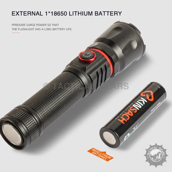 Black metal COB work light with red power button and KINSBACH 18650 battery