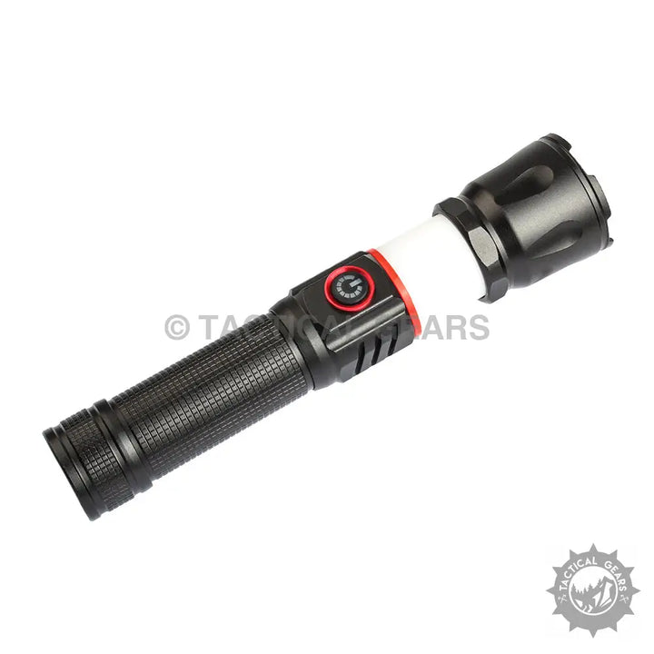 Black and white COB work light with red power button and textured grip for rechargeable alloy flashlights