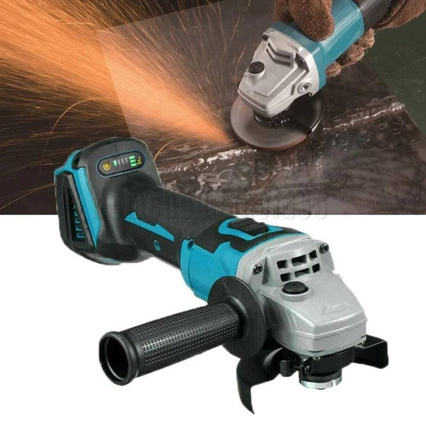 Makita rechargeable angle grinder with side handle and battery indicator in angle grinder set