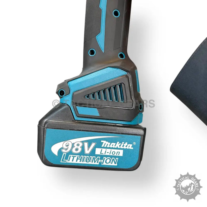 Teal and black cordless rechargeable angle grinder with detachable battery pack for versatile use