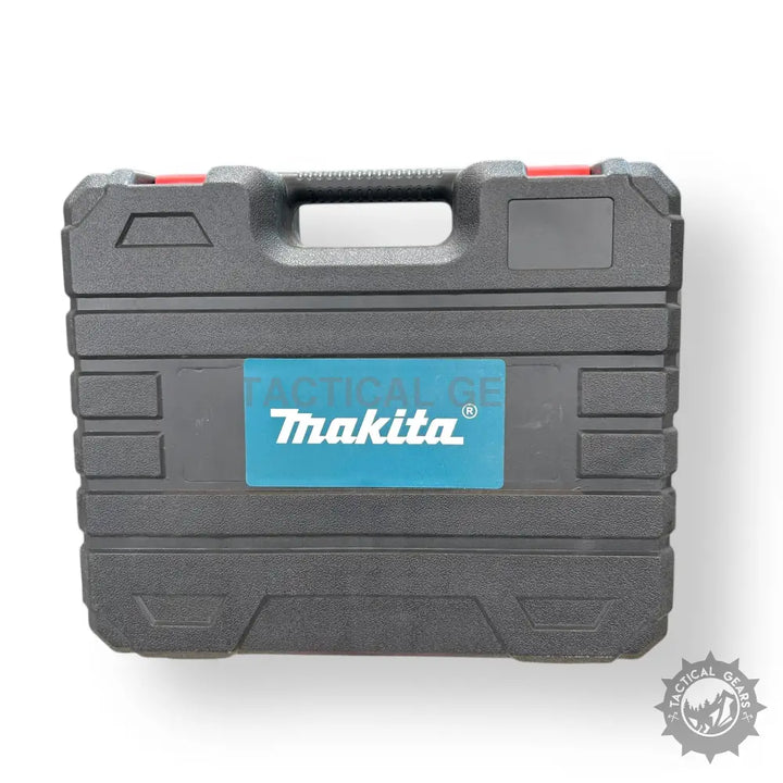 Black hard plastic carrying case with turquoise Makita label for rechargeable angle grinder kit