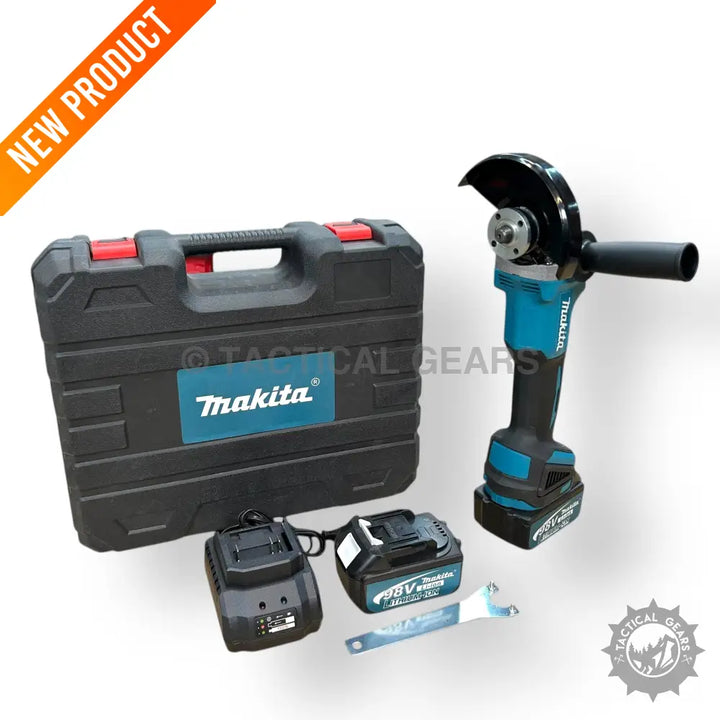 Rechargeable angle grinder kit with two batteries, charger, and carrying case for versatile use