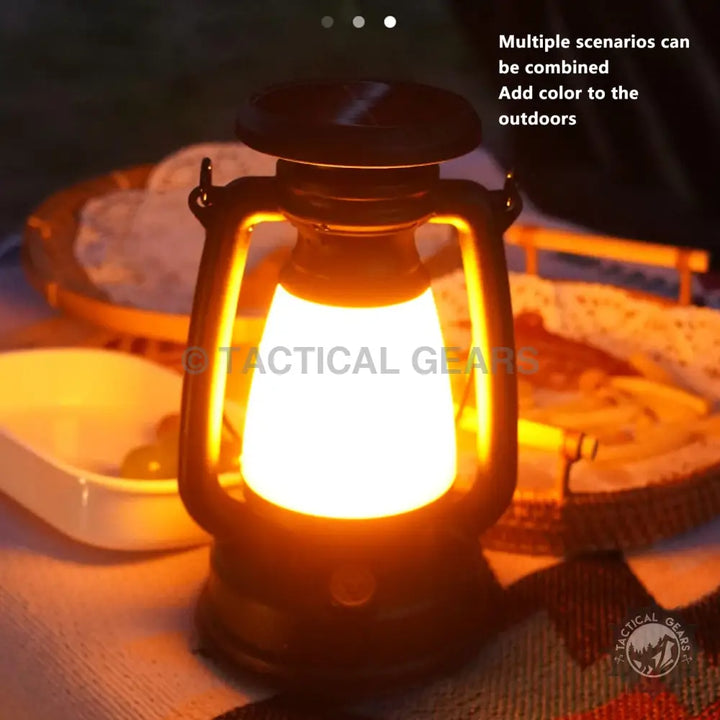 Illuminated dark-colored rechargeable camping lamp ideal for outdoor camping trips