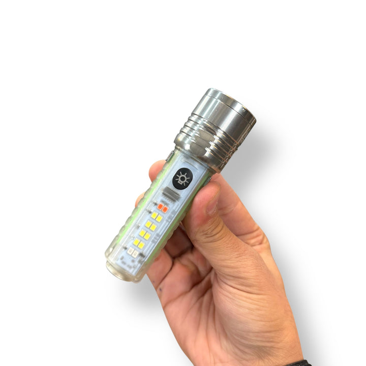Rechargeable flashlight with multi-LEDs, translucent body, and metal top, USB rechargeable