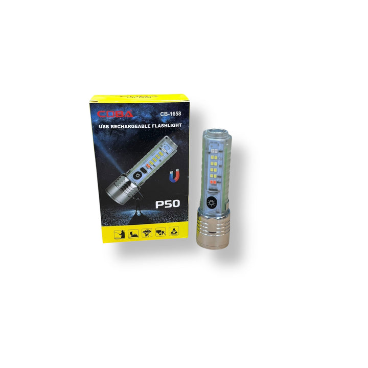Rechargeable Flashlight with White LED Strip, Silver and Black USB Rechargeable Flashlight with Box