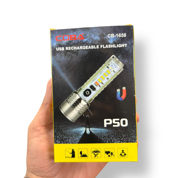 USB rechargeable flashlight in packaging, ideal rechargeable flashlight for outdoor use