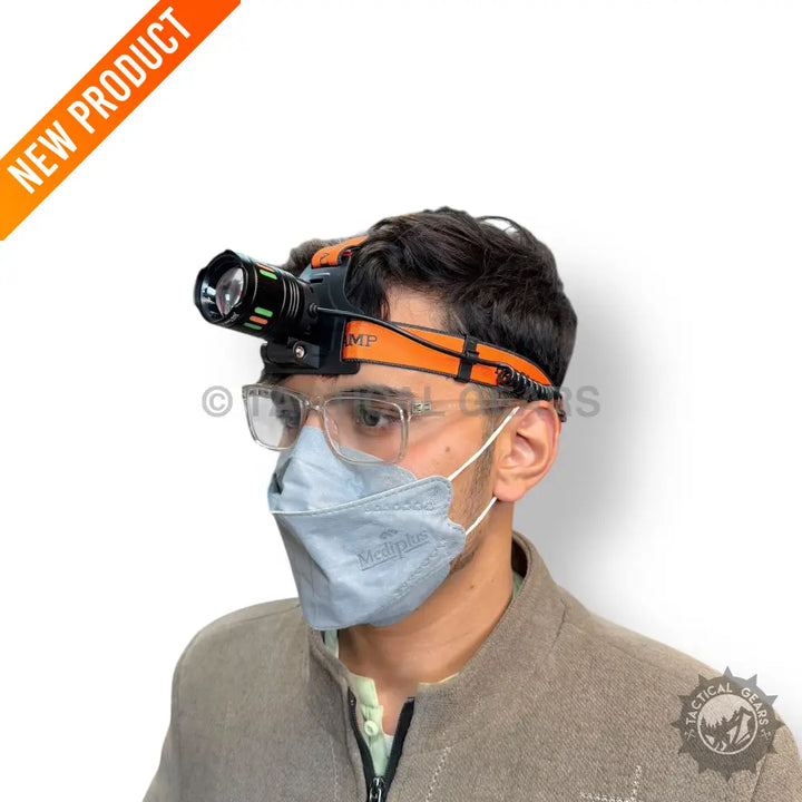 Rechargeable headlight with orange strap worn by person, ideal for outdoor activities, lot imported