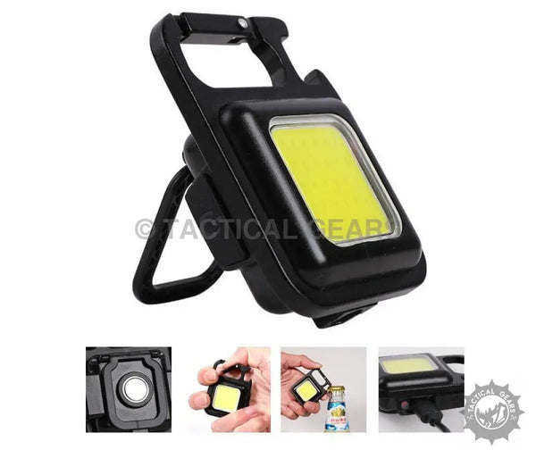 Black Magnet Base Spotlight with Bottle Opener keychain light featuring carabiner clip and USB port