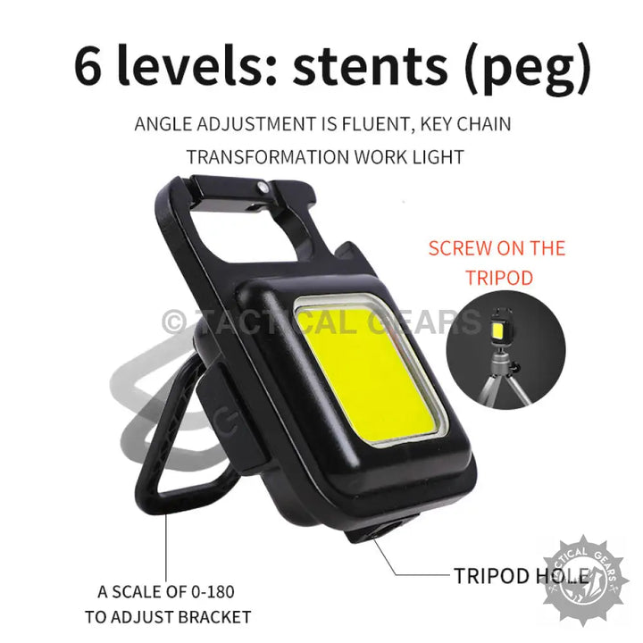 Black portable magnet base spotlight with adjustable stand, tripod mount, and carabiner clip
