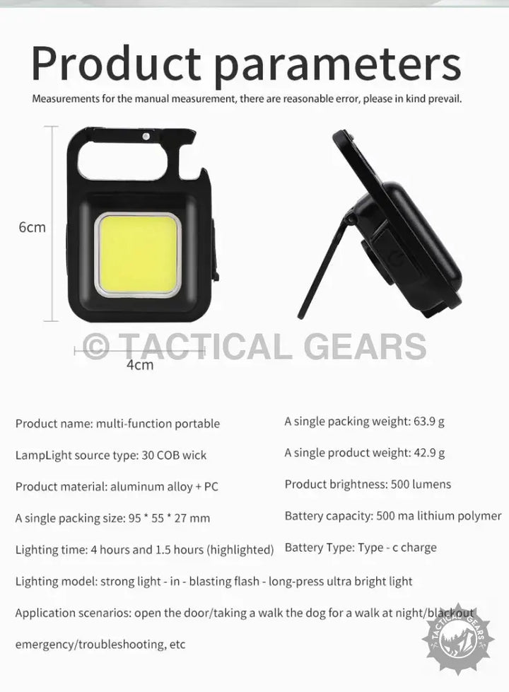 Black Magnet Base Spotlight with Bottle Opener, COB wick, kickstand, and carabiner clip