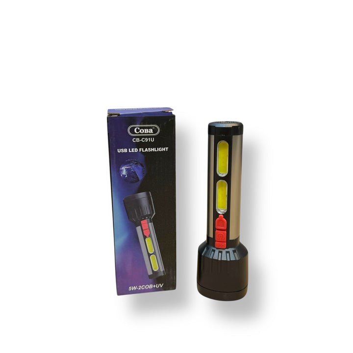 Rechargeable LED Flashlight C191U with side light, black and silver design, in box