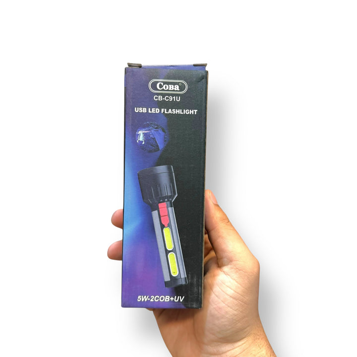 Rechargeable LED Flashlight C191U with side light, black USB flashlight with COB lights