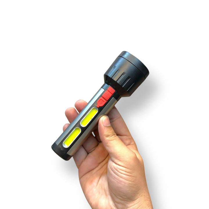 Rechargeable LED Flashlight C191U with side COB lights, black head, silver body, red buttons