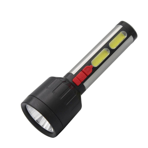 Rechargeable LED Flashlight C191U with side COB strip light, black head, silver body, red buttons