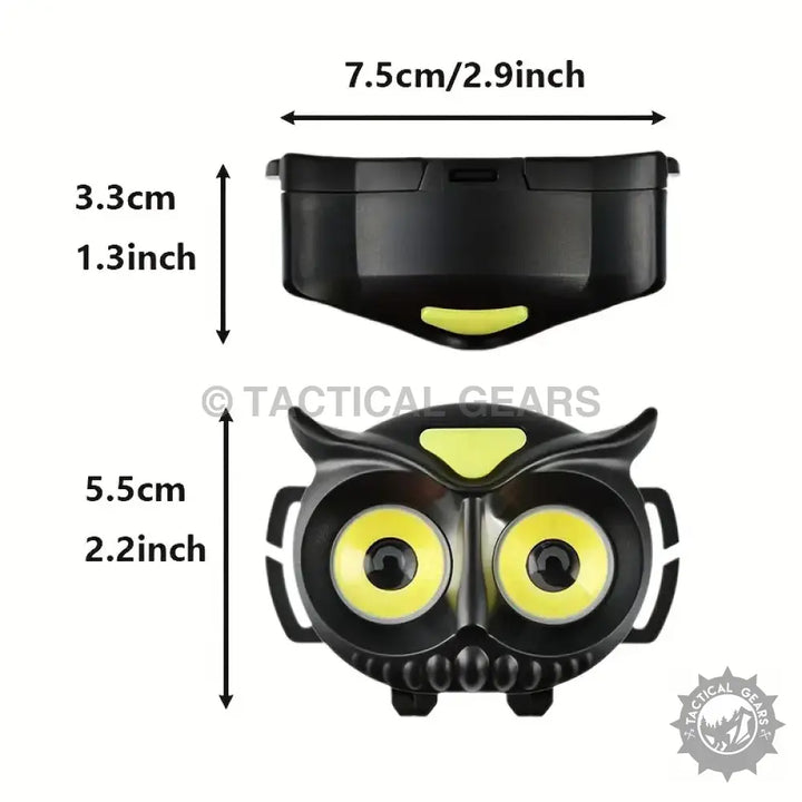 Black owl-shaped WT209 headlight with yellow LED lights, showcasing its dimensions