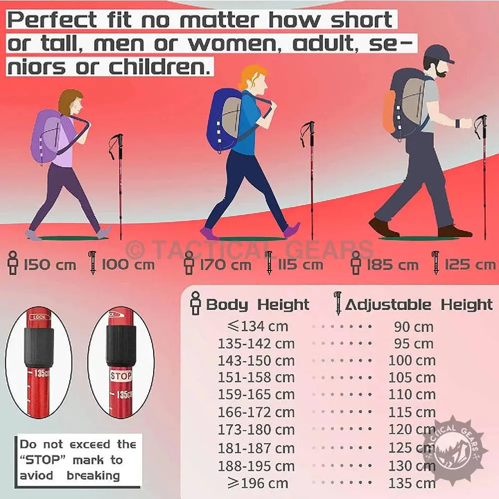 Red AntiShock hiking stick with black grip and stop marking