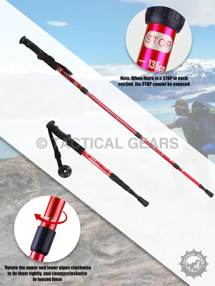 Red adjustable antishock hiking stick in multicolor