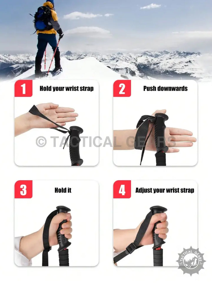 Black and red AntiShock hiking stick with adjustable wrist strap and ergonomic grip