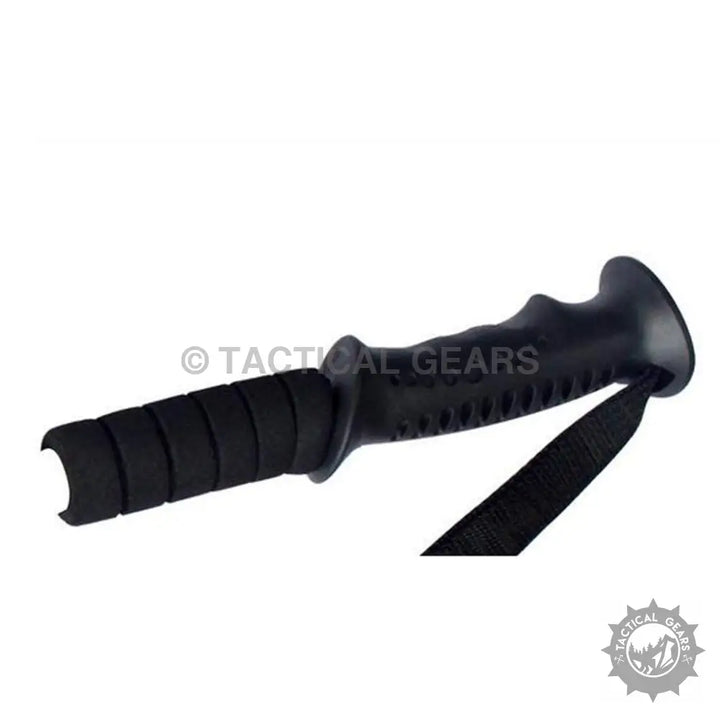 Black tactical handle with textured grip on AntiShock hiking stick