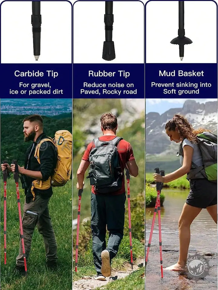 Red and black antishock hiking stick with carbide tips and adjustable sections