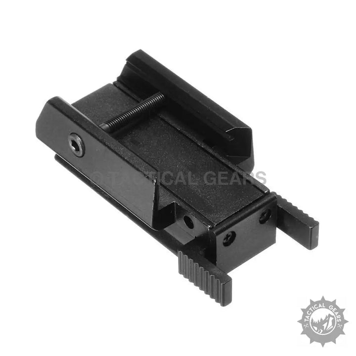 Black metal rail mount with Picatinny Weaver interface and quick-release for red dot laser sight