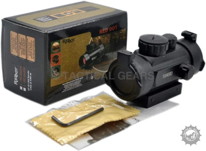 Black Red Dot Tactical Reflex Sight with box accessories and green dot sight feature