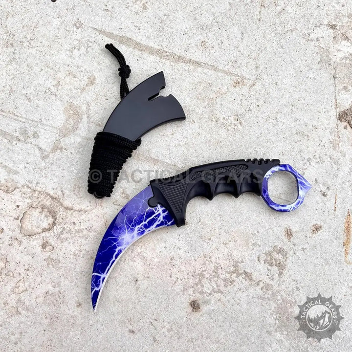 Pattern karambit knife with blue lightning blade and black handle for Spiderman Crack Pattern Karambit Knife