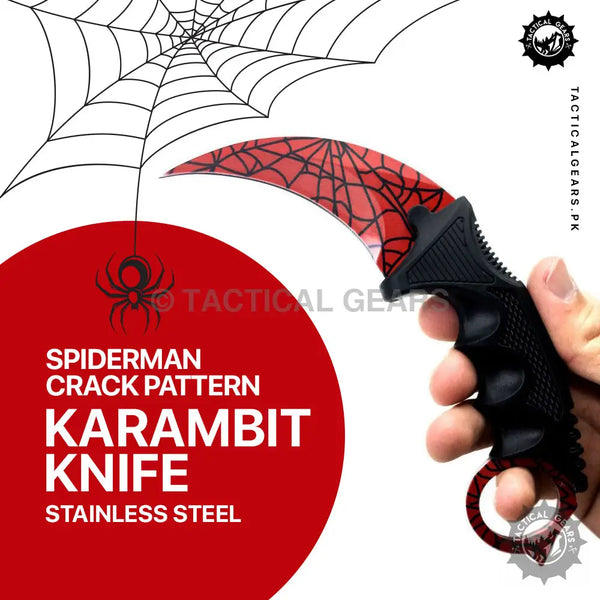 Red and black Spider-Man crack pattern karambit knife made of stainless steel for collectors