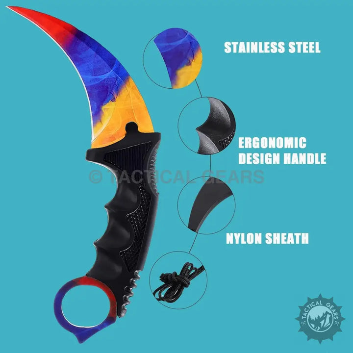 Pattern Karambit Knife with multi-colored blade and ergonomic black handle