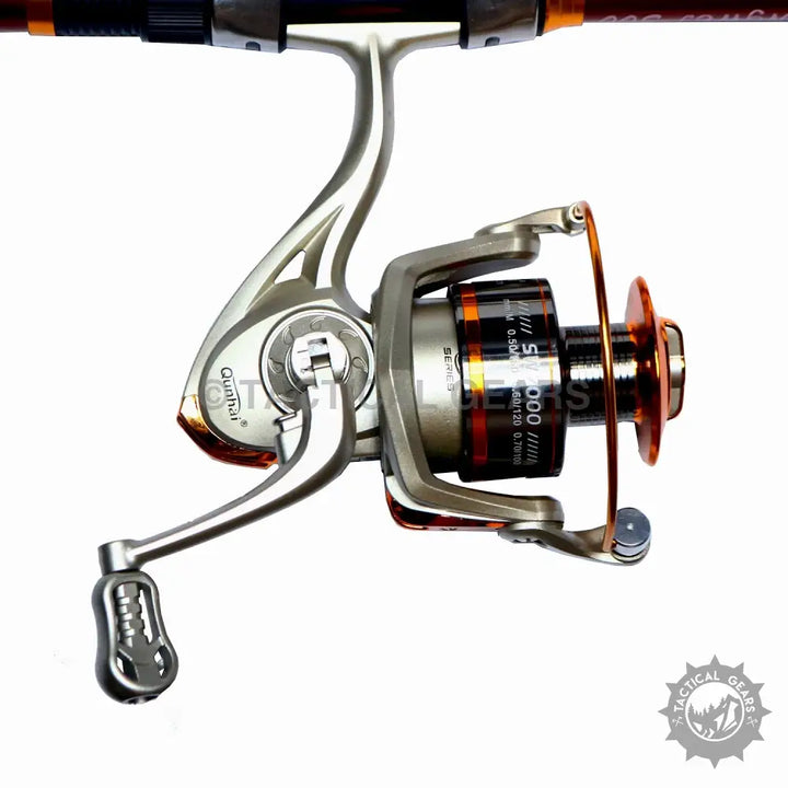 Silver and orange spinning fishing reel with crank handle in Retractable Fishing Rod Set