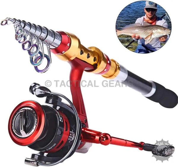 Red and gold retractable fishing rod set with reel combo for versatile fishing experience