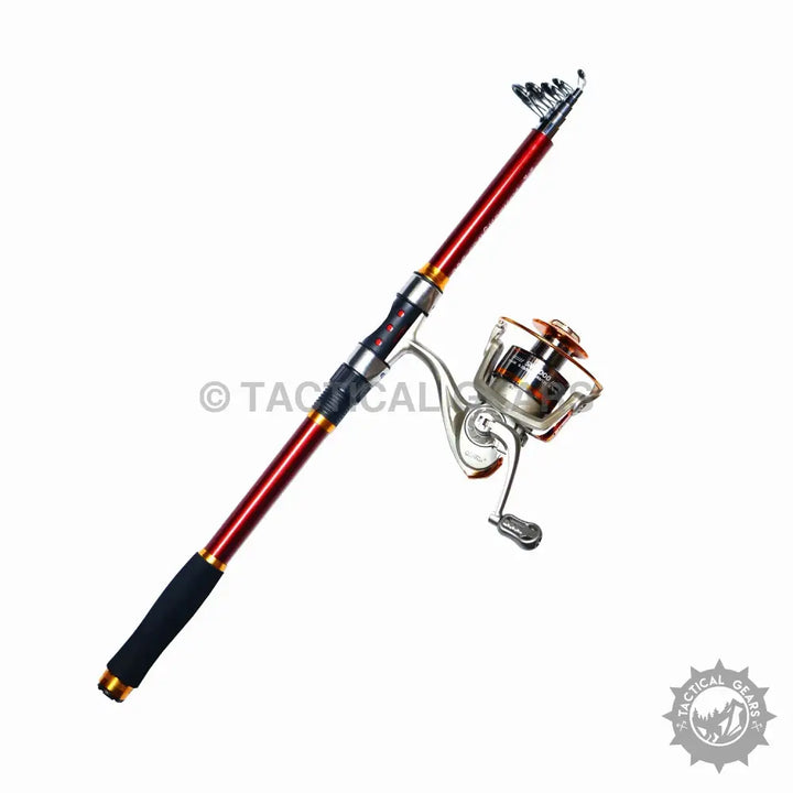Red telescopic fishing rod with silver and gold reel in Retractable Fishing Rod Set