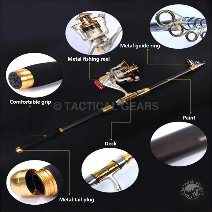Retractable fishing rod set with reel, comfortable grip, metal guide rings, and tail plug