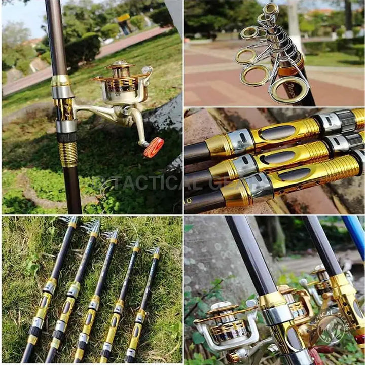 Collage of Retractable Fishing Rod Set highlighting guides, handle, and reel close-up
