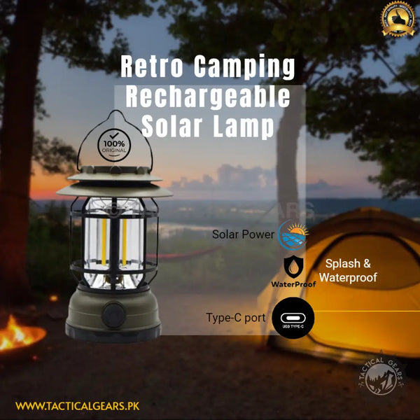 Retro Camping Rechargeable Solar Lamp with Type-C port and waterproof design for camping