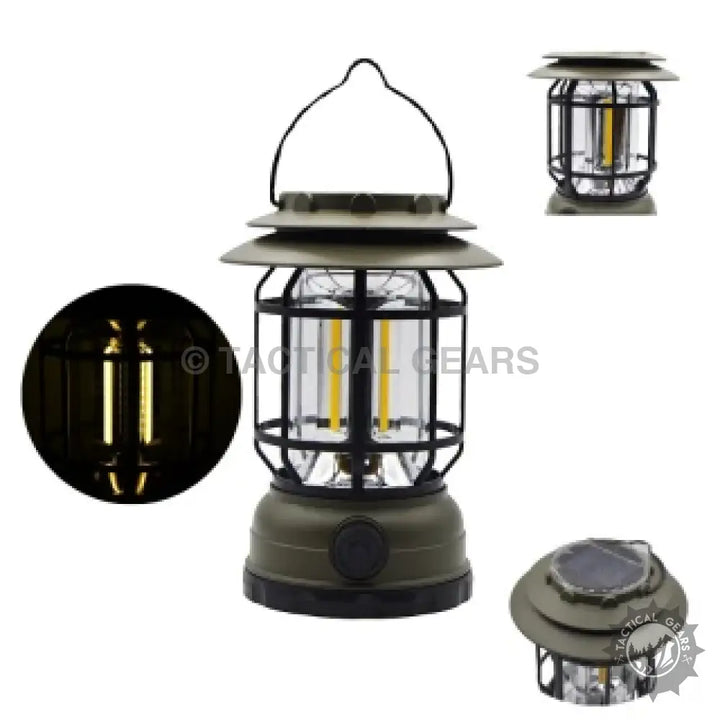 Retro camping rechargeable solar lantern with vintage design and versatile charging options